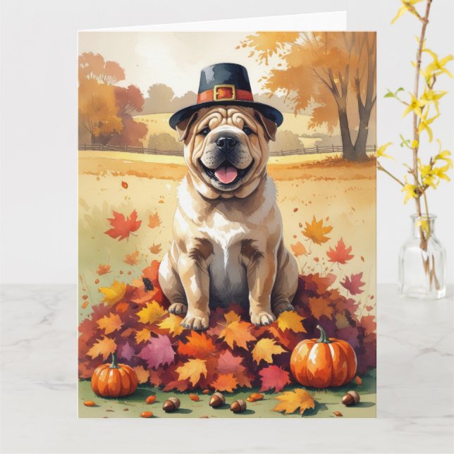Tarjeta Shar Pei En Otoño Deja El Arte Del Día De Gracias (flor amarilla)