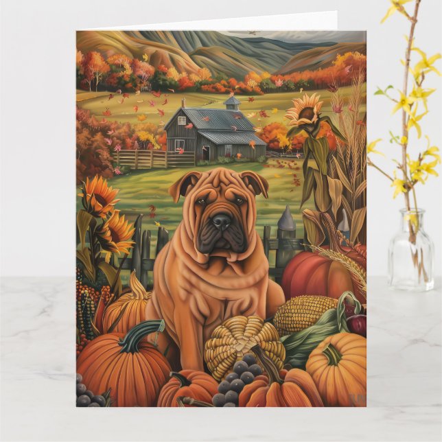 Tarjeta Shar Pei Perro Cosecha de otoño Acción de Gracias (flor amarilla)