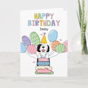Tarjeta Sheepadoodle Blanco y Negro Perro Feliz Cumpleaños