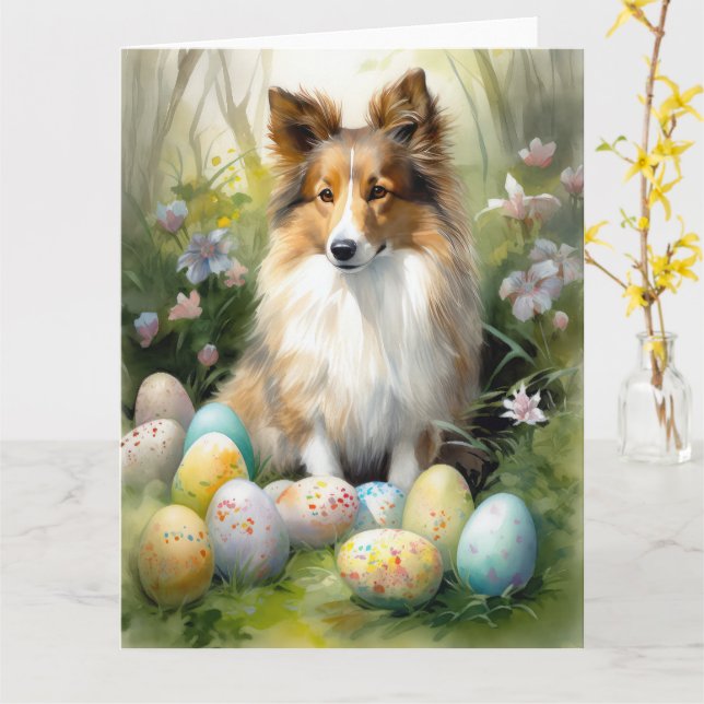Tarjeta Sheepdog de Shetland con festividad de huevos de P (flor amarilla)