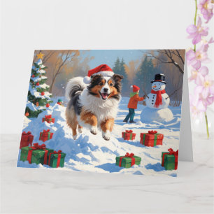 Tarjeta Sheepdog Shetland Corriendo Nieve Con Gorra De Nav
