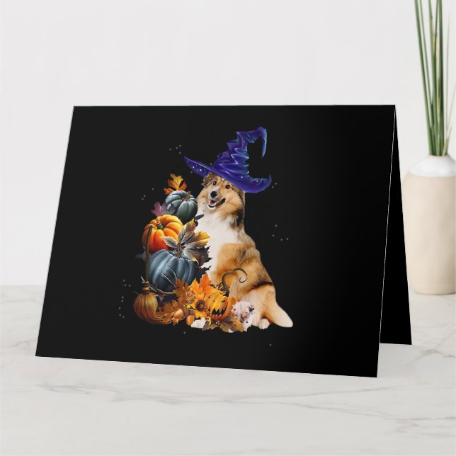 Tarjeta Sheltie Dog Witch And Pumpkins Halloween Thanksgiv (Anverso)