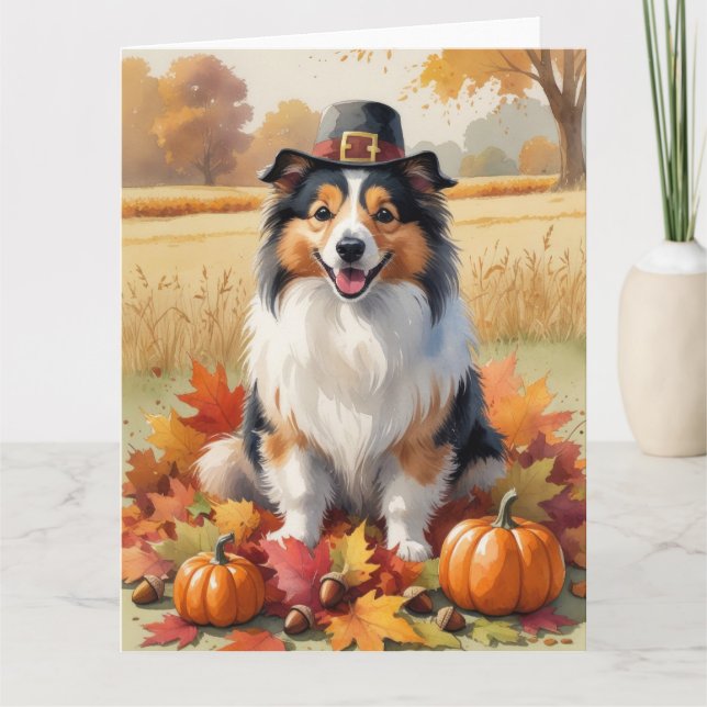 Tarjeta Shetland Sheepdog Autumn deja arte de Acción de Gr (Anverso)