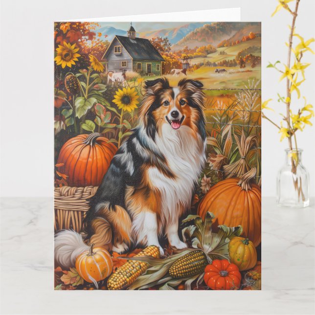 Tarjeta Shetland Sheepdog Autumn Harvest Thankding (flor amarilla)