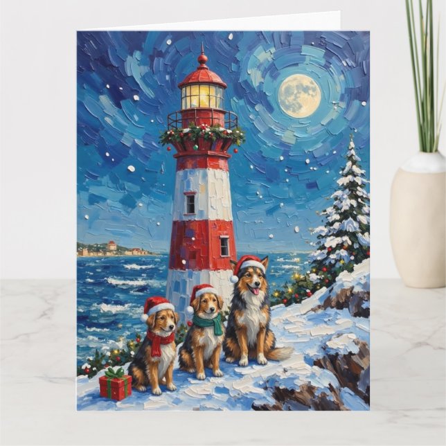 Tarjeta Shetland Sheepdog Christmas Lighthouse Holiday (Anverso)