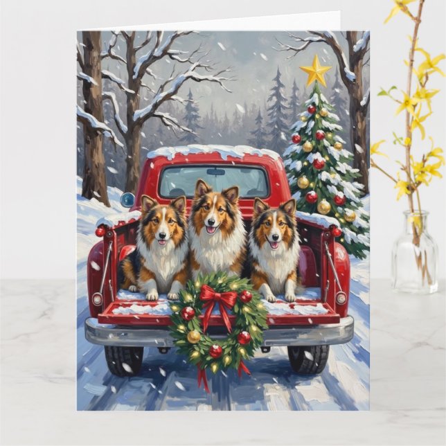 Tarjeta Shetland Sheepdog Christmas Red Truck Holiday (flor amarilla)