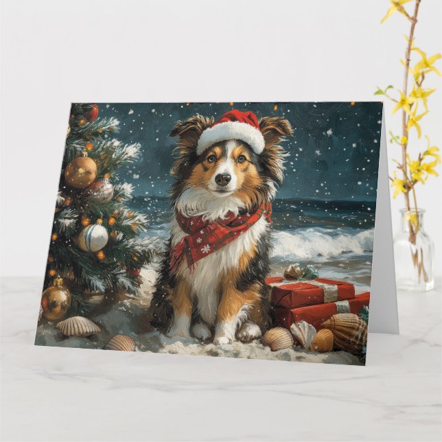 Tarjeta Shetland Sheepdog Navidades Vintage Beach (flor amarilla)
