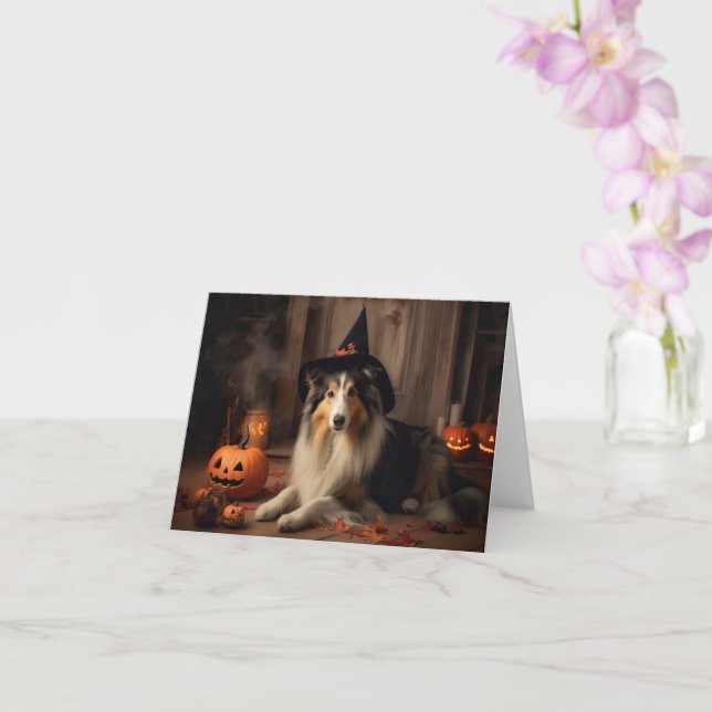 Tarjeta Shetland Sheepdog Pumpkins Halloween Scary (Orquídea)