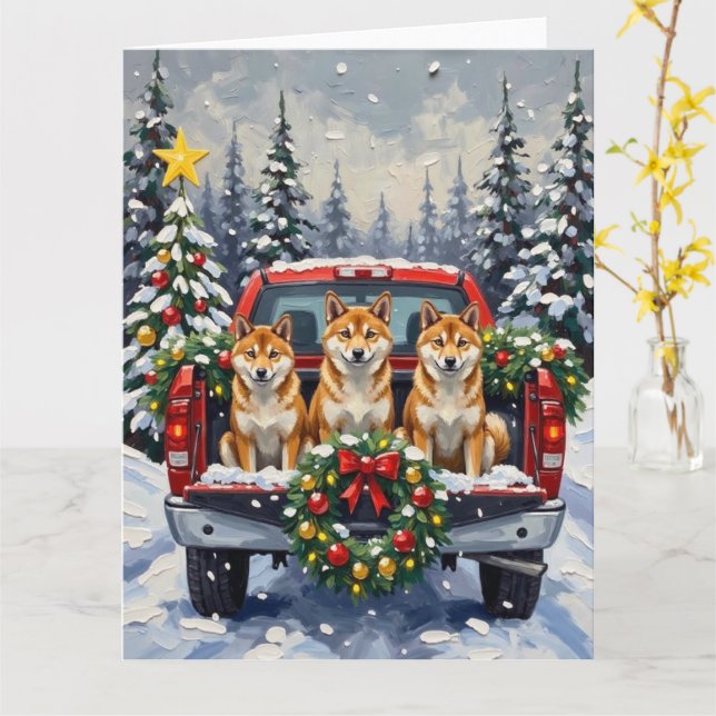 Tarjeta Shiba Inu Christmas Red Truck Holiday (flor amarilla)