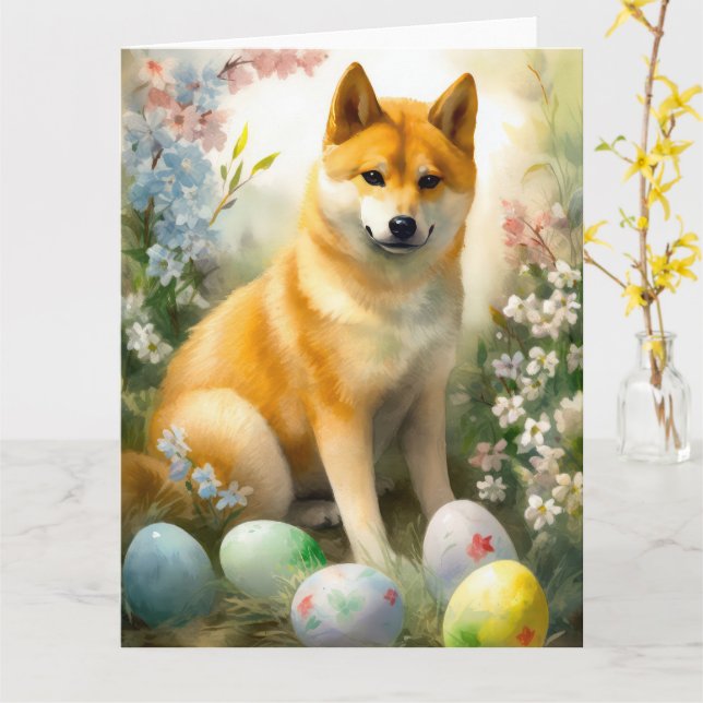 Tarjeta Shiba Inu con festividad de huevos de Pascua (flor amarilla)