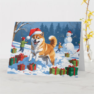 Tarjeta Shiba Inu corriendo en la nieve con sombrero de Na