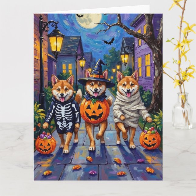Tarjeta Shiba Inu Dogs in Halloween Costumes (flor amarilla)
