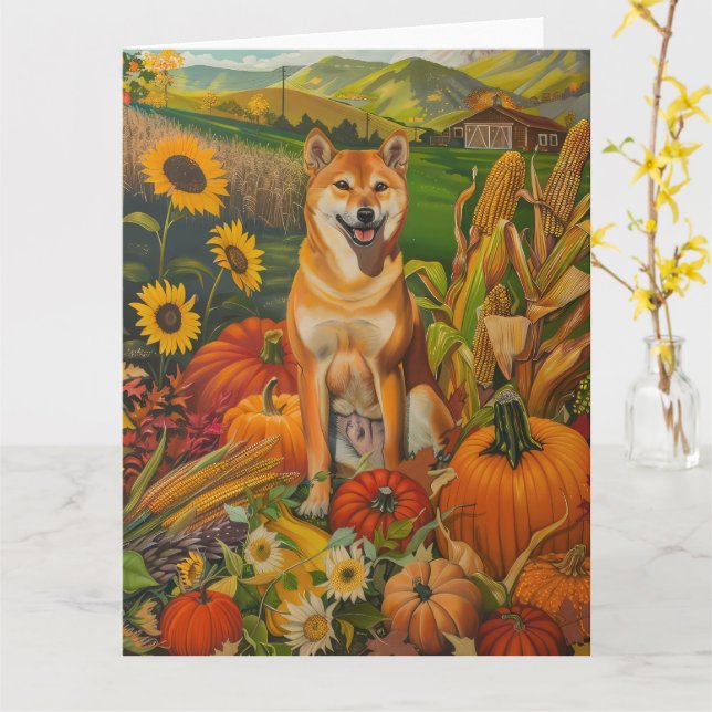 Tarjeta Shiba Inu Perro cosecha otoño Acción de Gracias (flor amarilla)