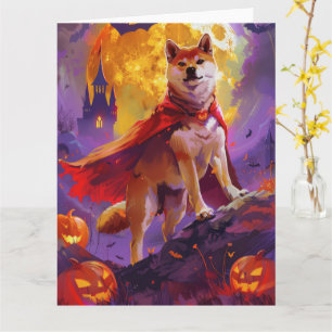 Tarjeta Shiba Inu vampiro de Halloween calabazas aterrador