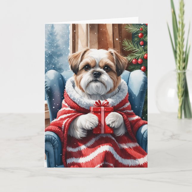 Tarjeta Shih Tzu acogedor con arte acuático de invierno co (Anverso)