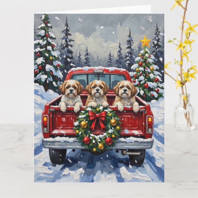 Tarjeta Shih Tzu Christmas Red Truck Holiday (flor amarilla)