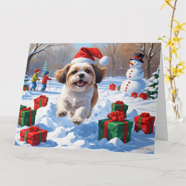 Tarjeta Shih Tzu corre en Nieve con Gorra Navidad (flor amarilla)
