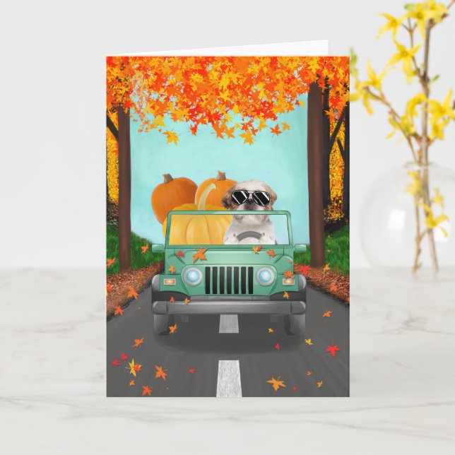 Tarjeta Shih Tzu Dog Fall Pumpkin (flor amarilla)