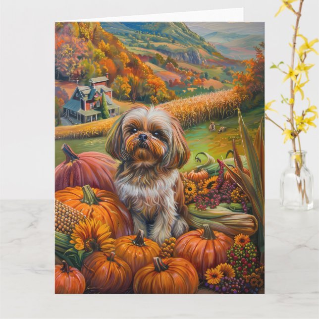 Tarjeta Shih Tzu Dog otoño Harvest Acción de Gracias (flor amarilla)