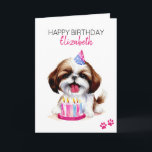 Tarjeta Shih Tzu Dog Personalizado Feliz Cumpleaños<br><div class="desc">Feliz cumpleaños con un nombre personalizado. Un lindo ilustracion de cachorro Shih Tzu con un gorra de cumpleaños y globos. Añade tu propio mensaje para una tarjeta única personal. Arte hecho con acuarelas.</div>