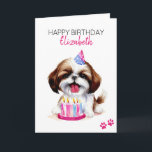 Tarjeta Shih Tzu Dog Personalizado Feliz Cumpleaños<br><div class="desc">Feliz cumpleaños con un nombre personalizado. Un lindo ilustracion de cachorro Shih Tzu con un gorra de cumpleaños y globos. Añade tu propio mensaje para una tarjeta única personal. Arte hecho con acuarelas.</div>