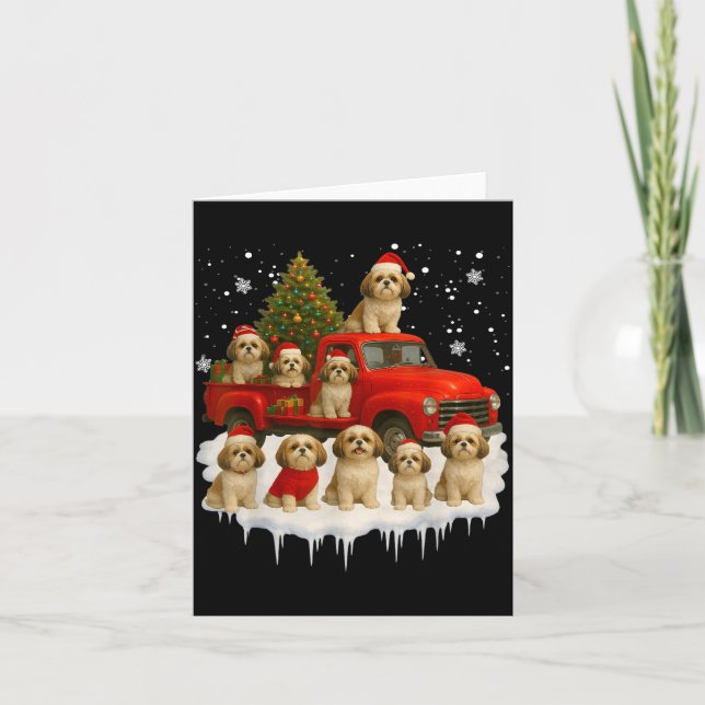 Tarjeta Shih Tzu Dog Red Truck Christmas Tree Santa Ugly X (Anverso)