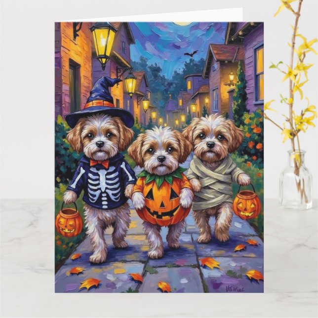 Tarjeta Shih Tzu Dogs Trick-or-Treating Halloween Costumes (flor amarilla)