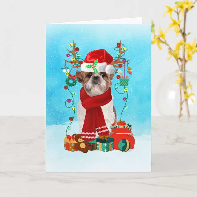Tarjeta Shih Tzu en la nieve con regalos de Navidad (flor amarilla)