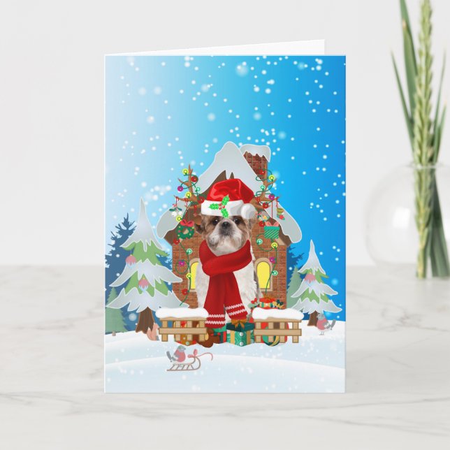 Tarjeta Shih Tzu en la nieve con regalos de Navidades (Anverso)