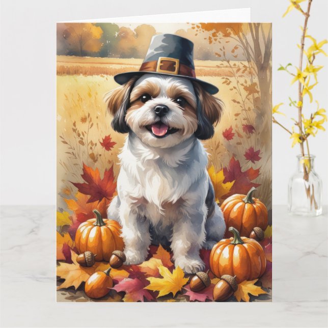 Tarjeta Shih Tzu En Otoño Deja El Arte De Acción De Gracia (flor amarilla)