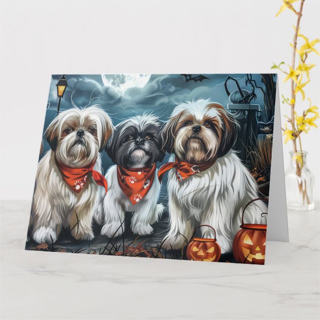 Tarjeta Shih Tzu Halloween Espeluznante (flor amarilla)