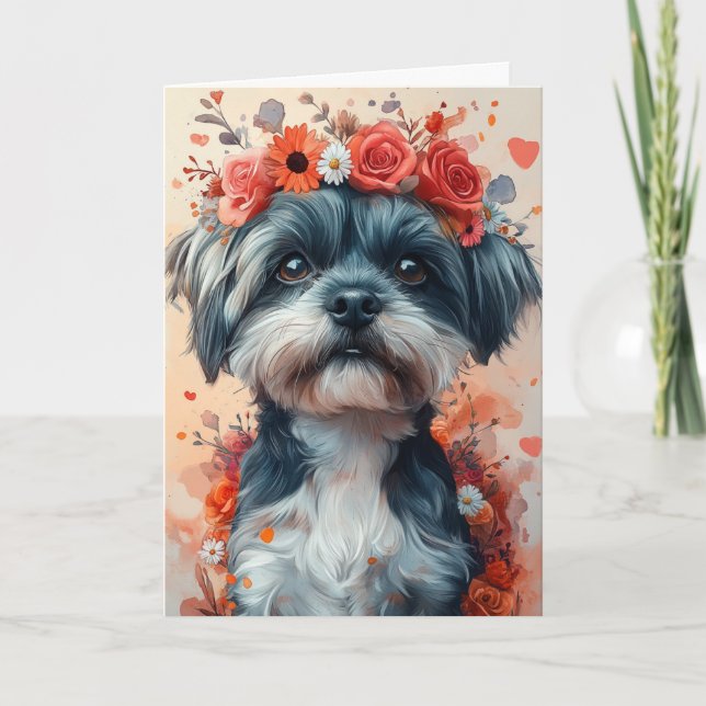 Tarjeta Shih Tzu romántico en corona en forma de corazón S (Anverso)