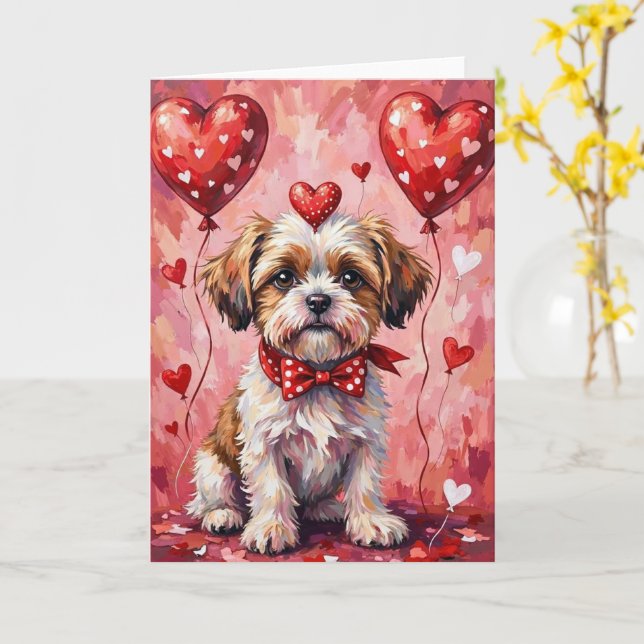 Tarjeta Shih Tzu San Valentín Perro Sentado con Corazones  (flor amarilla)
