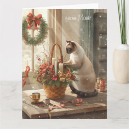 Tarjeta Siamese Cat arranging Flowers for WinterChristmas 