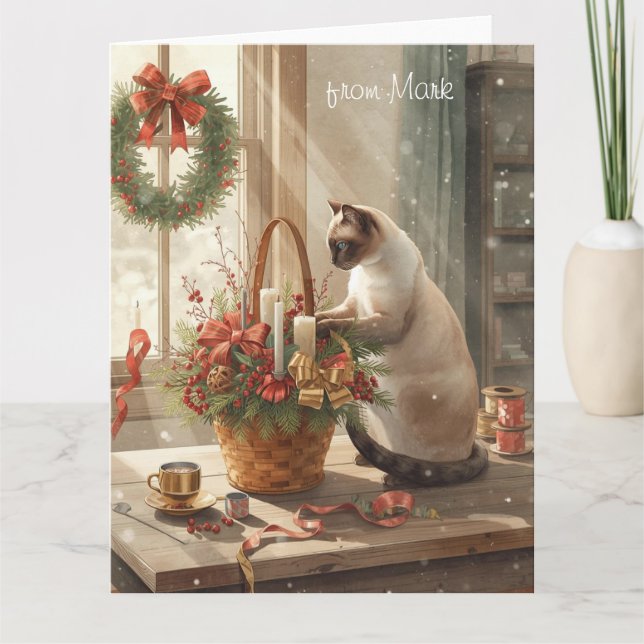 Tarjeta Siamese Cat arranging Flowers for WinterChristmas  (Anverso)
