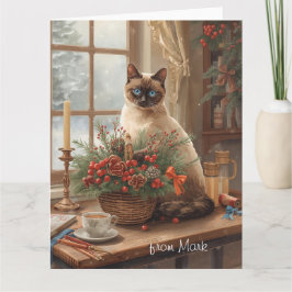 Tarjeta Siamese Cat arranging Flowers Winter Christmas 