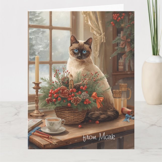Tarjeta Siamese Cat arranging Flowers Winter Christmas  (Anverso)