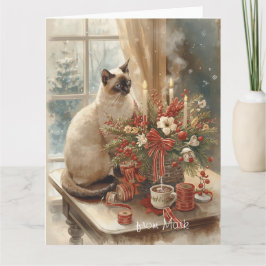 Tarjeta Siamese Cat arranging Flowers Winter Christmas 