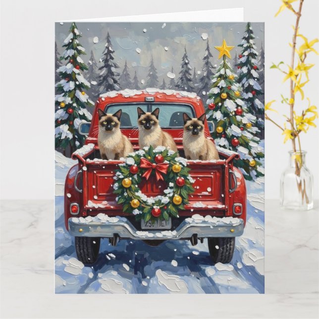 Tarjeta Siamese Cat Christmas Red Truck Holiday (flor amarilla)