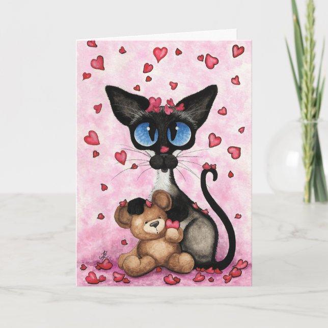 Tarjeta Siamese Cat Valentines Day Greeting Card by Bihrle (Anverso)