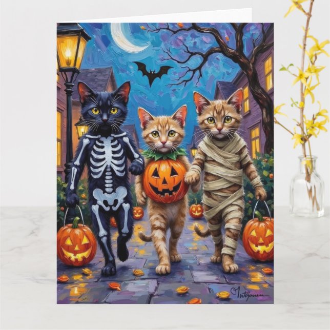 Tarjeta Siamese Cats Trick-or-Treating Halloween Costumes (flor amarilla)