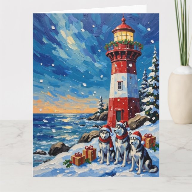 Tarjeta Siberian Husky Christmas Lighthouse Holiday (Anverso)