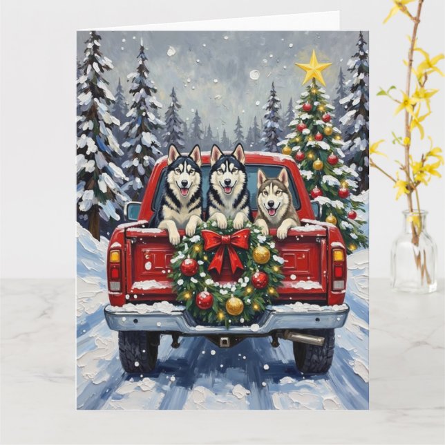 Tarjeta Siberian Husky Christmas Red Truck Holiday (flor amarilla)