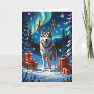 Tarjeta Siberian Husky Festivo con Regalos Pintura al Óleo