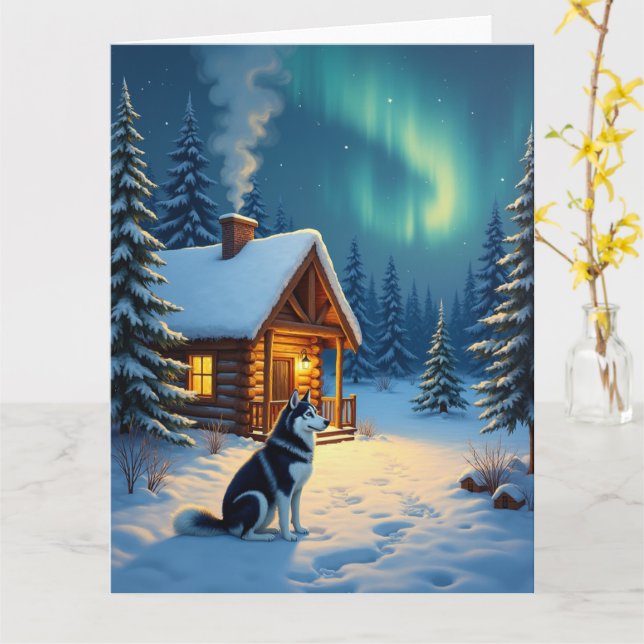 Tarjeta Siberian Husky Snowy Cabin Christmas Painting (flor amarilla)