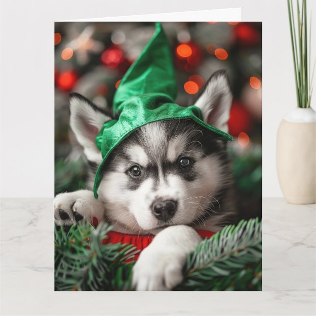 Tarjeta Siberiana de Navidades Husky Elf Puppy (Anverso)