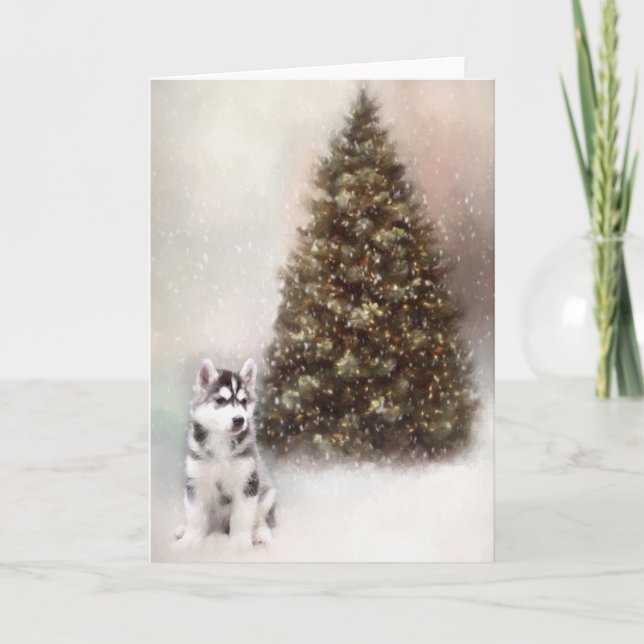 Tarjeta Siberiana de Navidades Husky Puppy (Anverso)