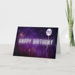Tarjeta signo de cumpleaños número 70 de neón y globo en f