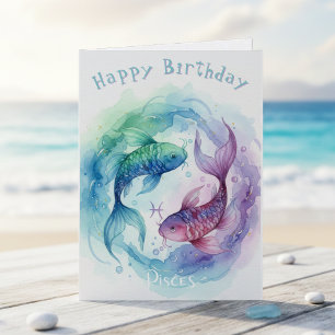 Tarjeta Signo zodiacal de Piscis Acuarela Peces Feliz Cump