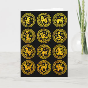 Tarjeta Signos del Zodiaco de los 12 Animales Chinos Feliz
